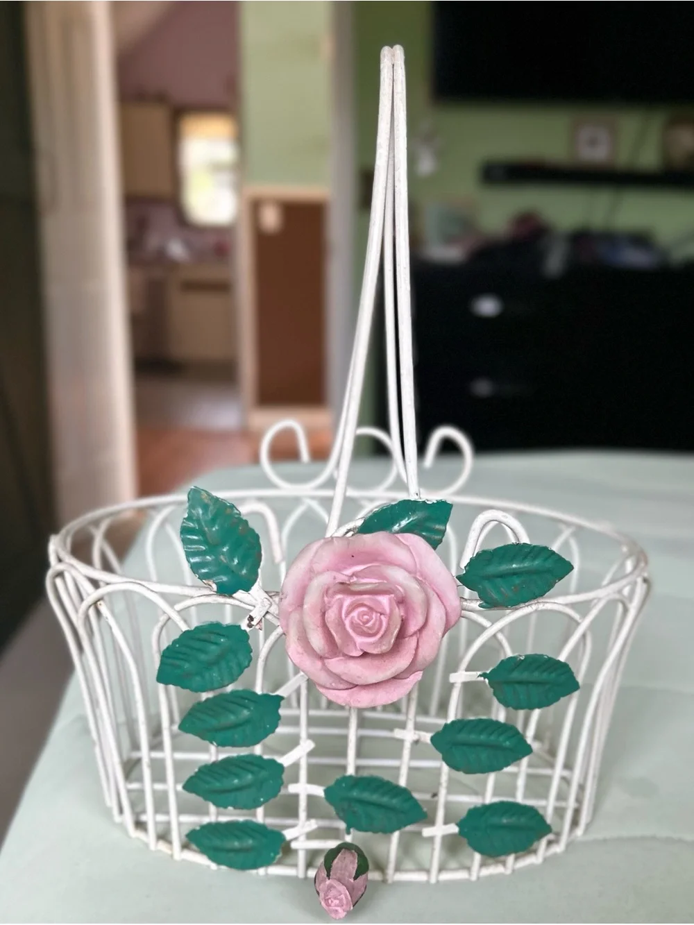 Vintage White Metal Basket With Pink and Green Floral Front